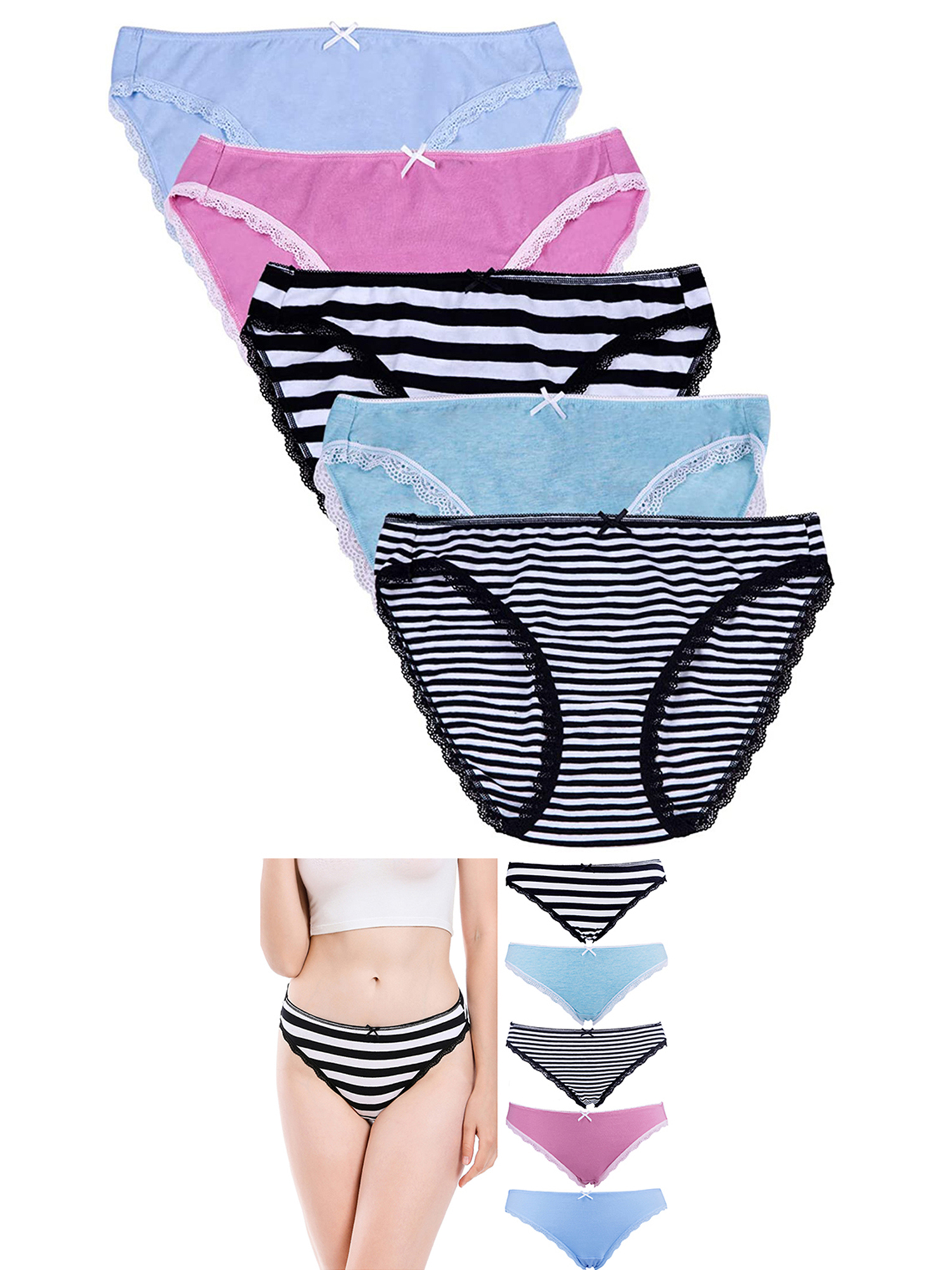 Attraco Women’s Fashion Cotton Underwear Lace Bikini Non-marking Briefs Bowknot Elastic Mid-waist Briefs Pack of 5